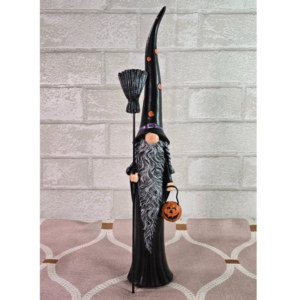 Gnome Halloween Sorcerer w/ Broom & Jack-o-Lantern Resin Decor Tall Skinny 15"